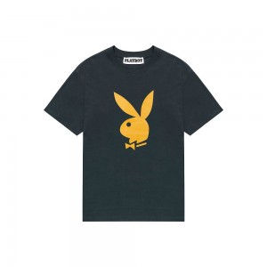 Pánské T-shirt Playboy Rabbit Head Sleeve Černé | PLBY-593227