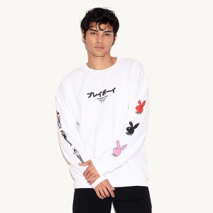 Pánské T-shirt Playboy Tokyo Club Bunny Long Sleeve Bílé | PLBY-593152