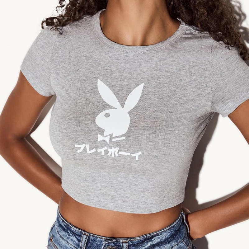 Dámské T-shirt Playboy Doodle Crew Neck Šedé | PLBY-592885