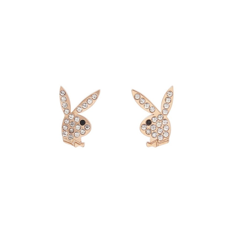 Dámské Šperky Playboy Rabbit Head Pave Stud Earrings Růžové Zlaté | PLBY-592623