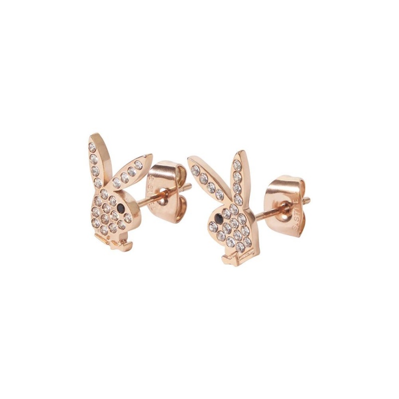 Dámské Šperky Playboy Rabbit Head Pave Stud Earrings Růžové Zlaté | PLBY-592623