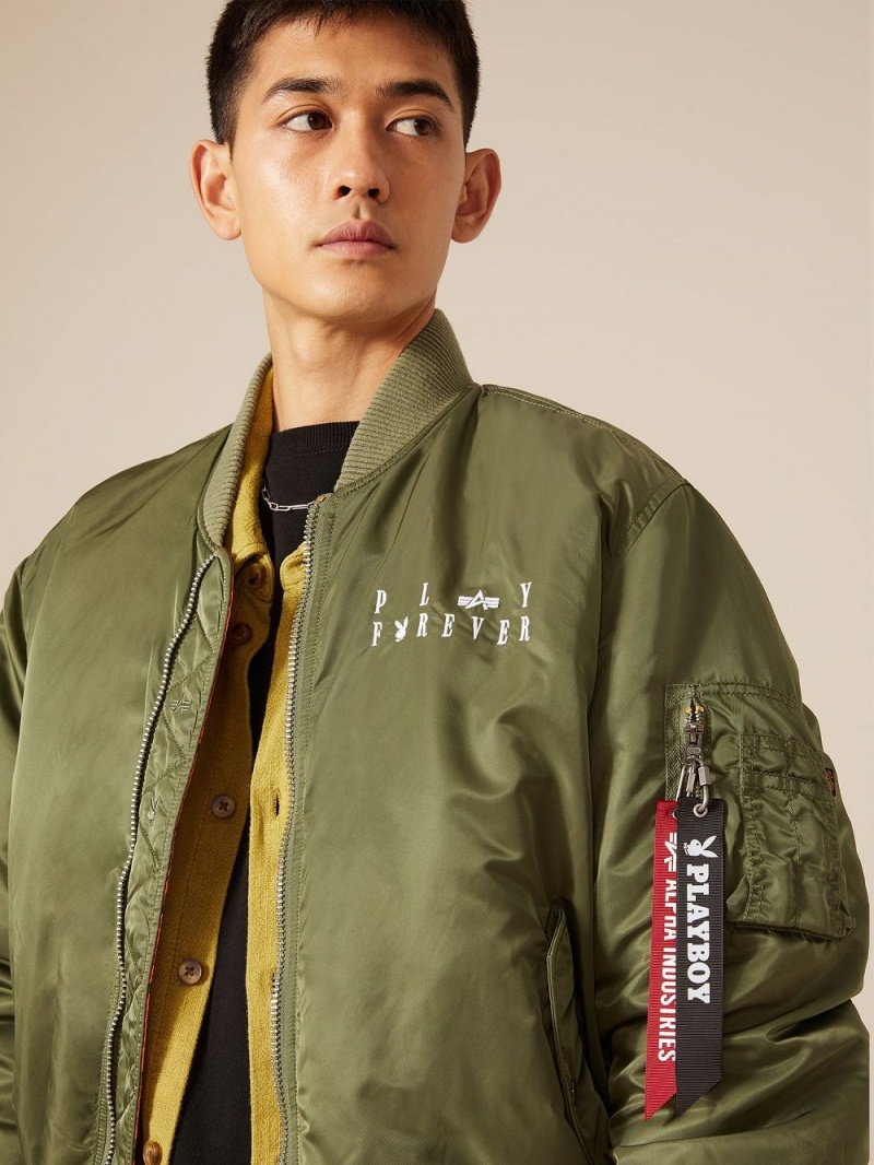 Pánské Bundy Playboy x Alpha Industries Reversible MA-1 Flight Olivy Zelené | PLBY-593076