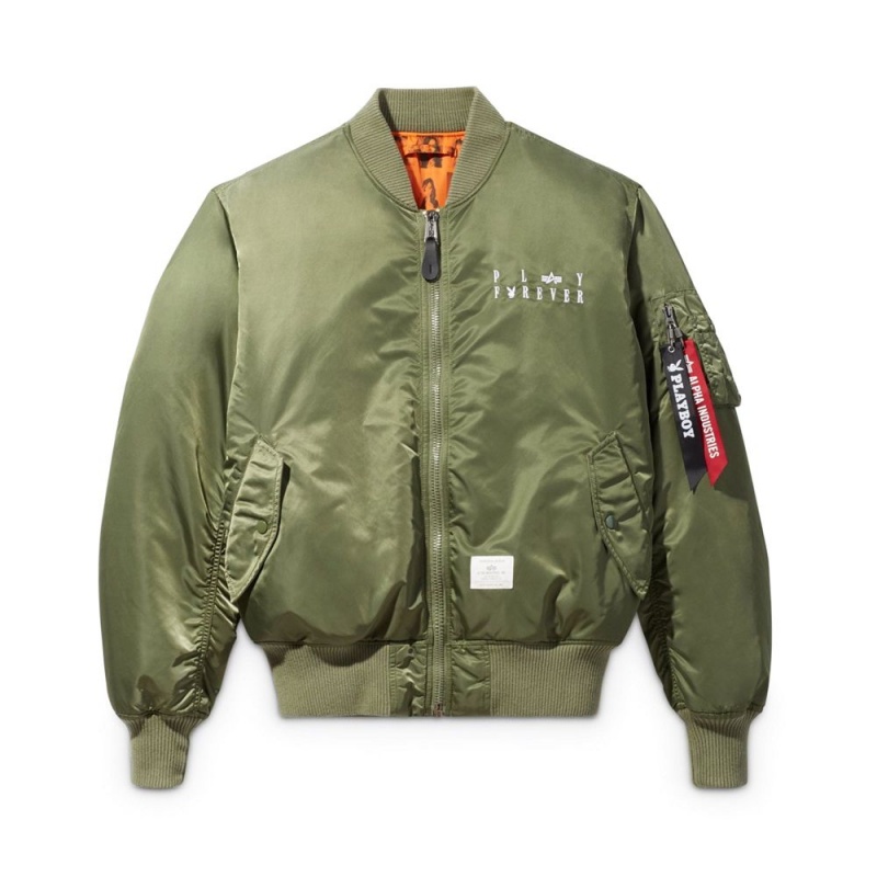 Pánské Bundy Playboy x Alpha Industries Reversible MA-1 Flight Olivy Zelené | PLBY-593076