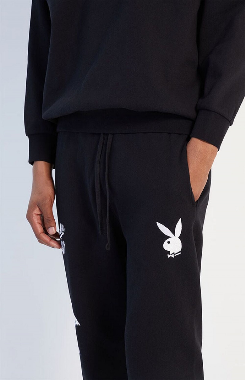 Pánské Kalhoty Jogger Playboy PB PALMS Černé | PLBY-592946