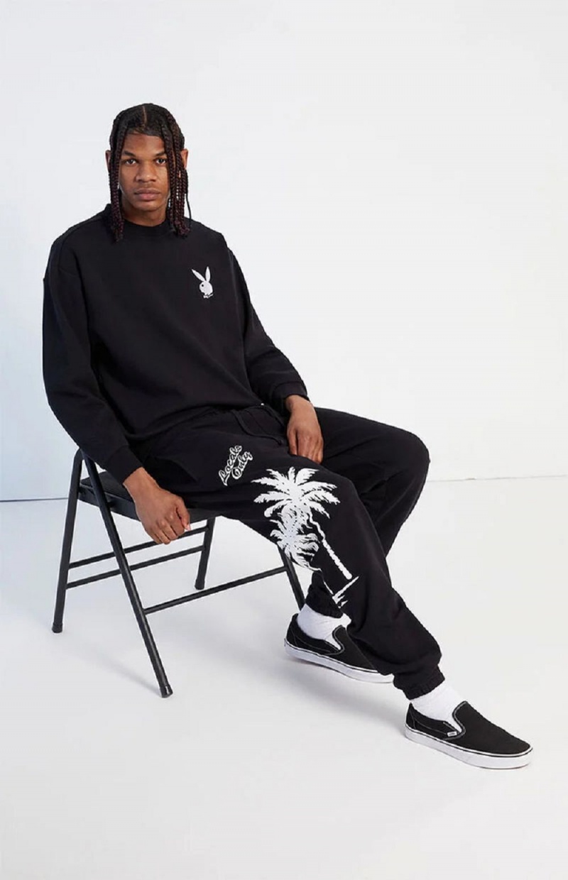 Pánské Kalhoty Jogger Playboy PB PALMS Černé | PLBY-592946