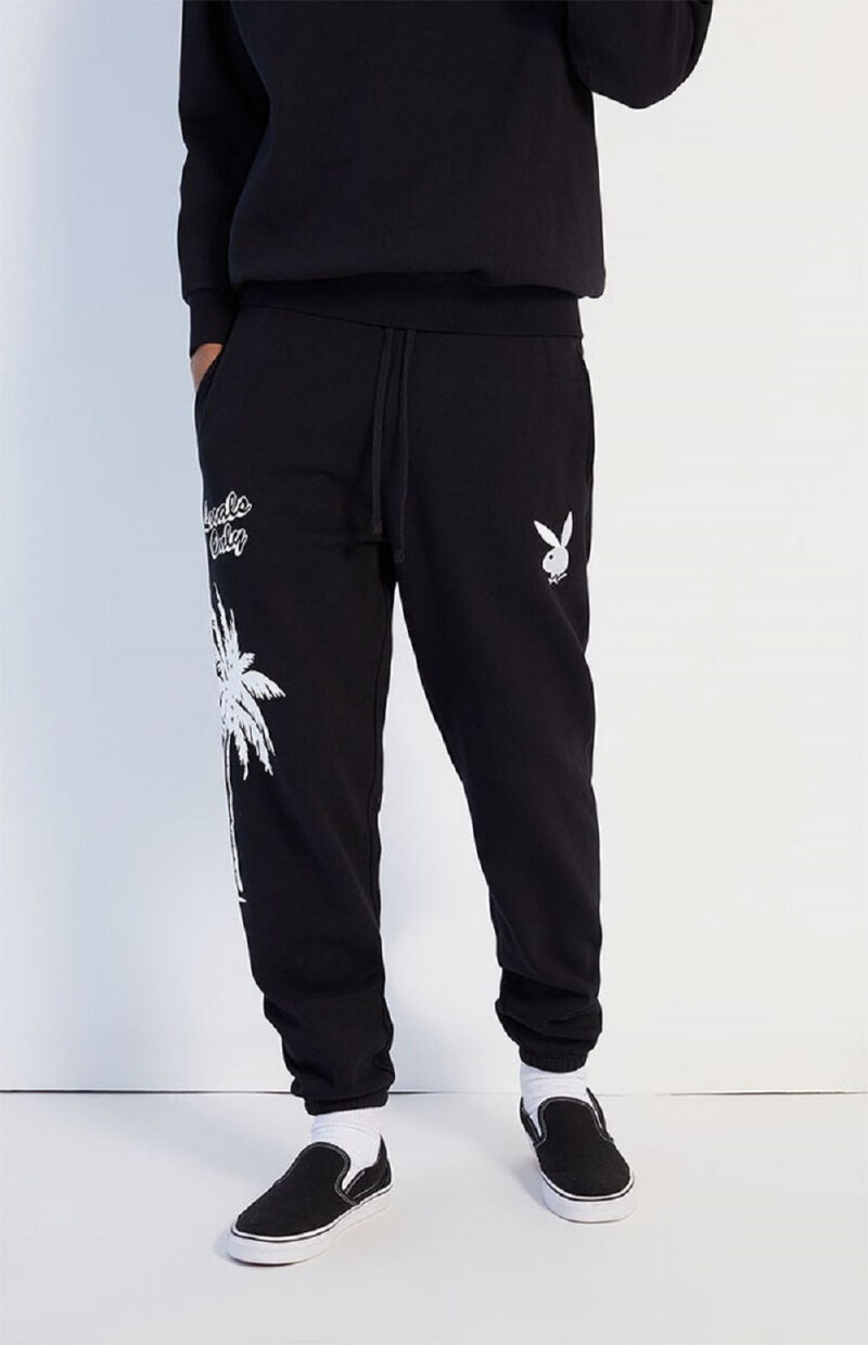 Pánské Kalhoty Jogger Playboy PB PALMS Černé | PLBY-592946