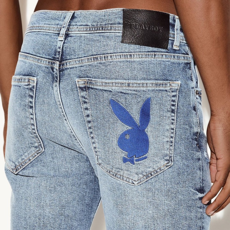 Pánské Kalhoty Playboy The Hubená Jean Light Wash Destroy Světle Blankyt Světle Modré | PLBY-592997