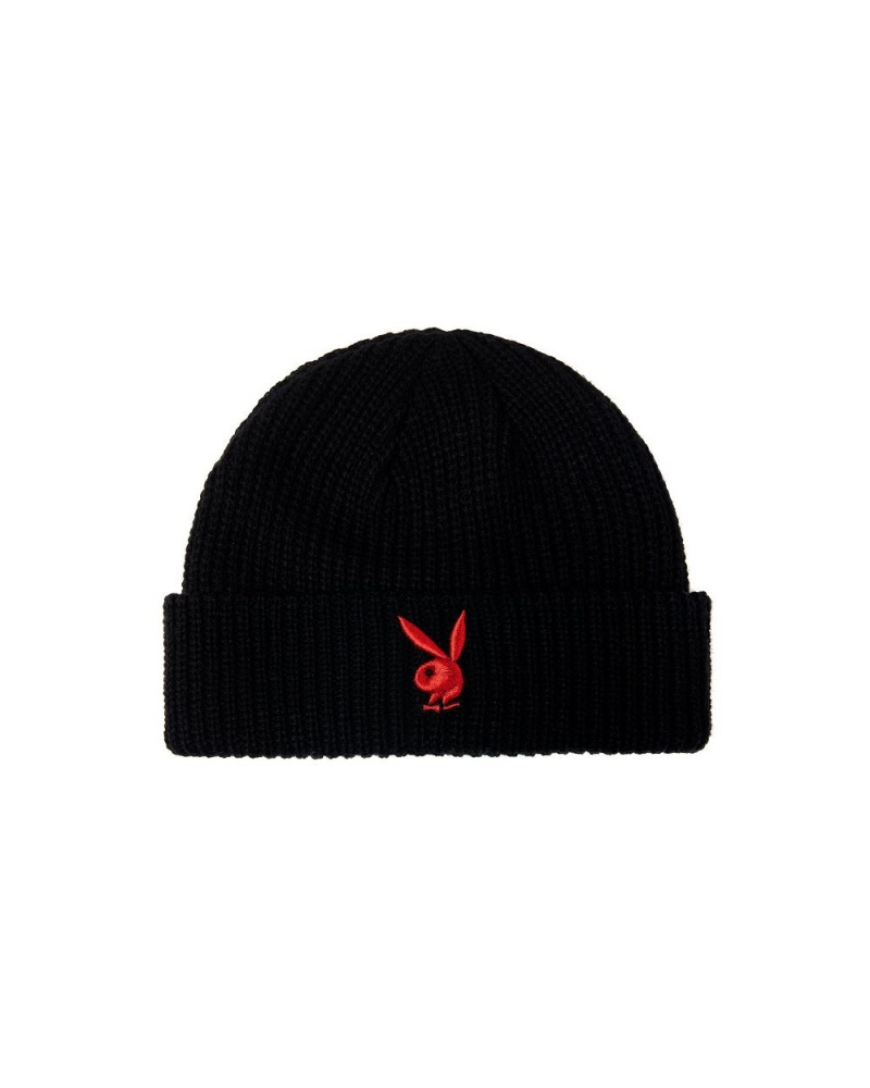 Pánské Klobouky Playboy Rabbit Head Knit Beanie With Bunny Černé Červené | PLBY-592938