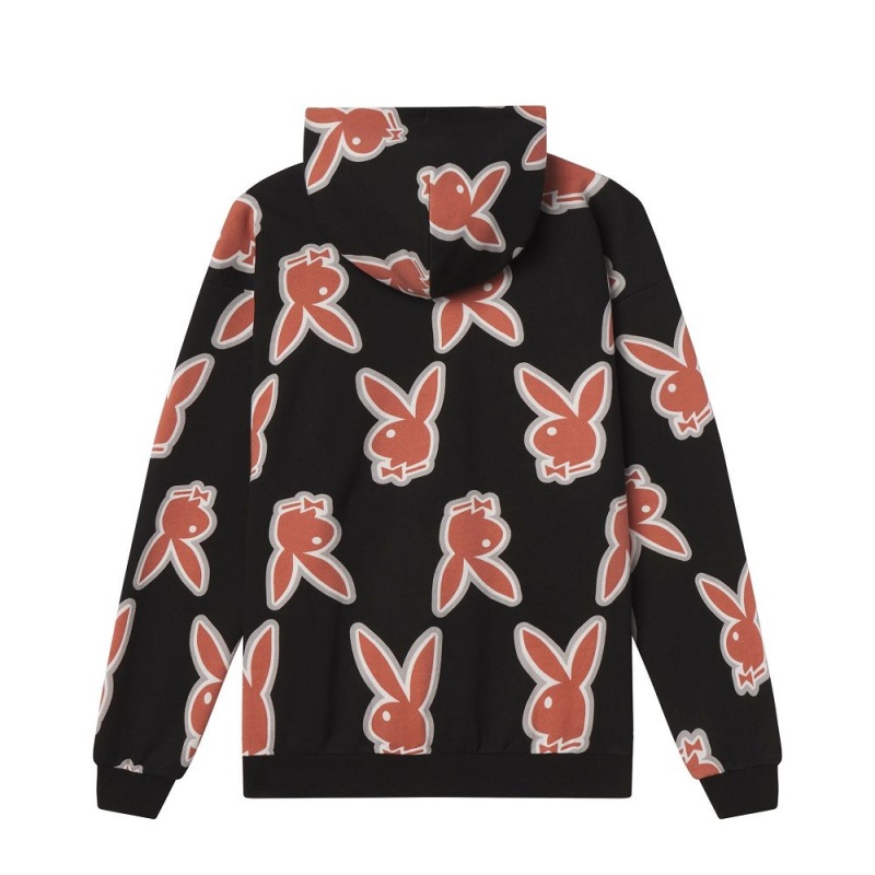 Pánské Mikina s Kapucí Playboy Repeating Rabbit Head Logo Černé | PLBY-593067