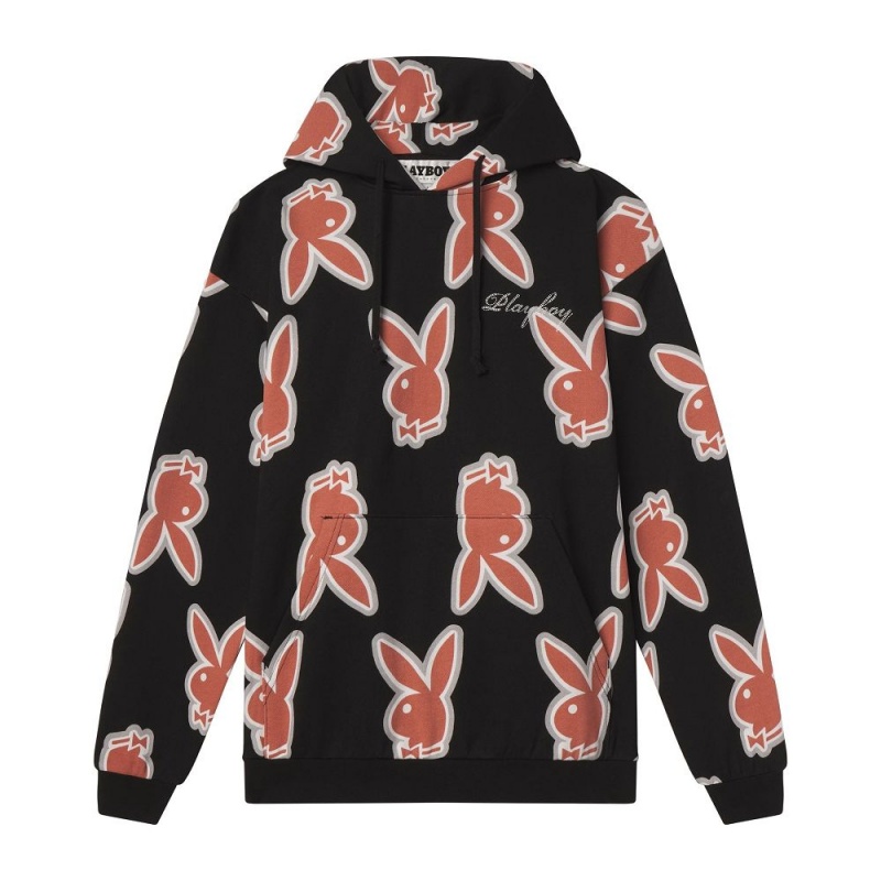 Pánské Mikina s Kapucí Playboy Repeating Rabbit Head Logo Černé | PLBY-593067