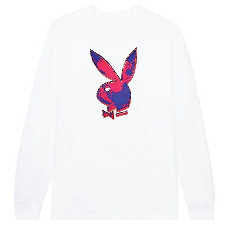 Pánské T-shirt Playboy Andy Warhol Bunny Long Sleeve Bílé | PLBY-593154