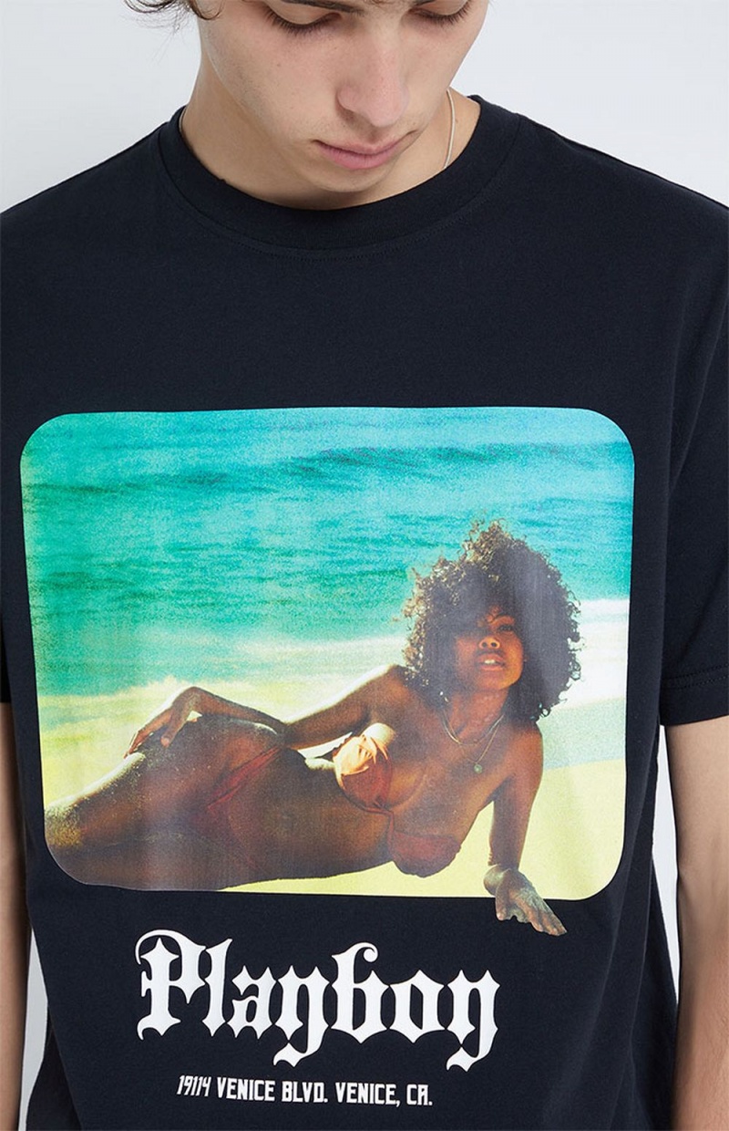 Pánské T-shirt Playboy Beachfront Černé | PLBY-593271