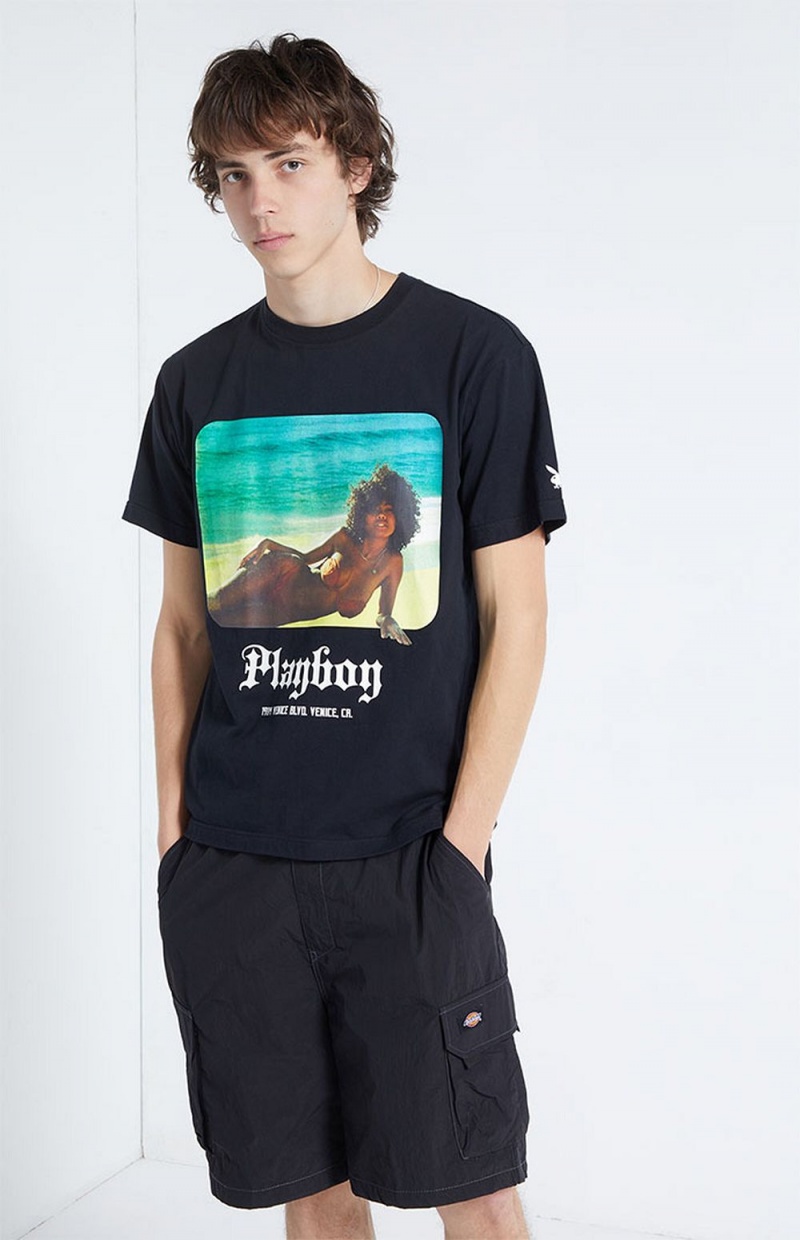 Pánské T-shirt Playboy Beachfront Černé | PLBY-593271