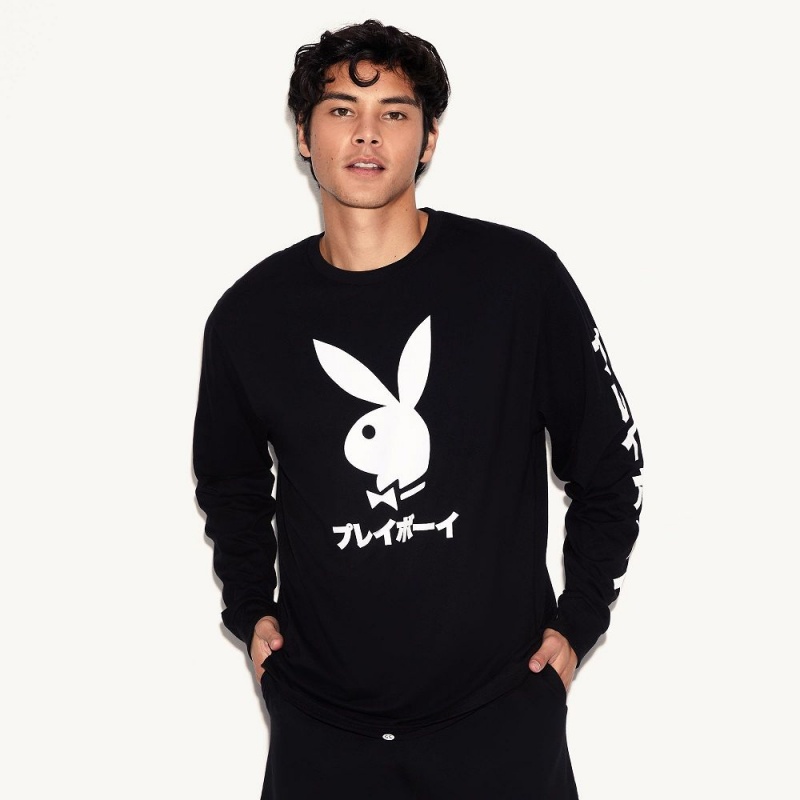 Pánské T-shirt Playboy Japanese Rabbit Head Long Sleeve Černé | PLBY-593184