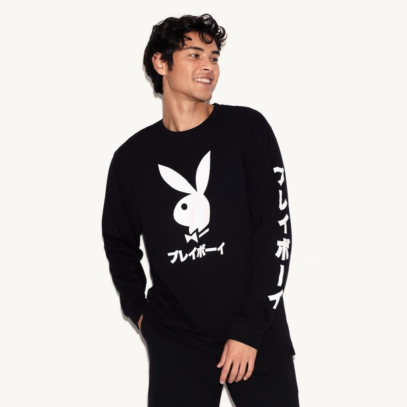 Pánské T-shirt Playboy Japanese Rabbit Head Long Sleeve Černé | PLBY-593184