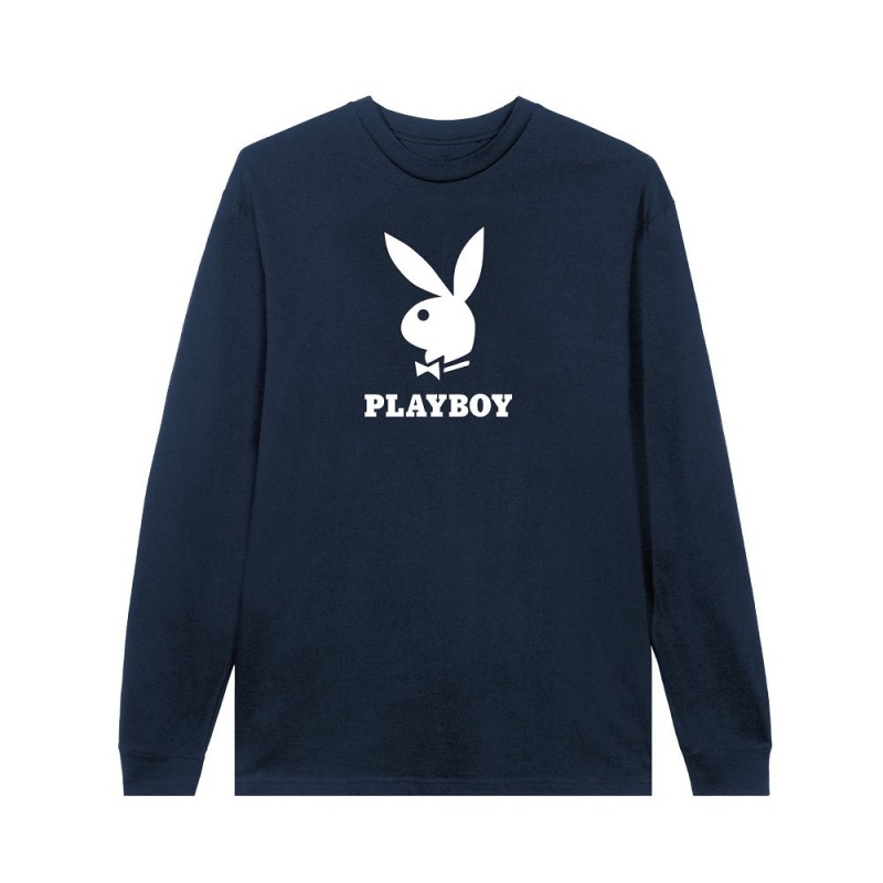 Pánské T-shirt Playboy Logo Long Sleeve Černé | PLBY-593148