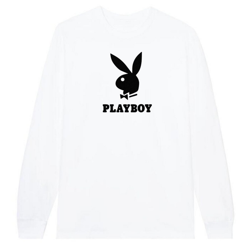 Pánské T-shirt Playboy Logo Long Sleeve Černé | PLBY-593148