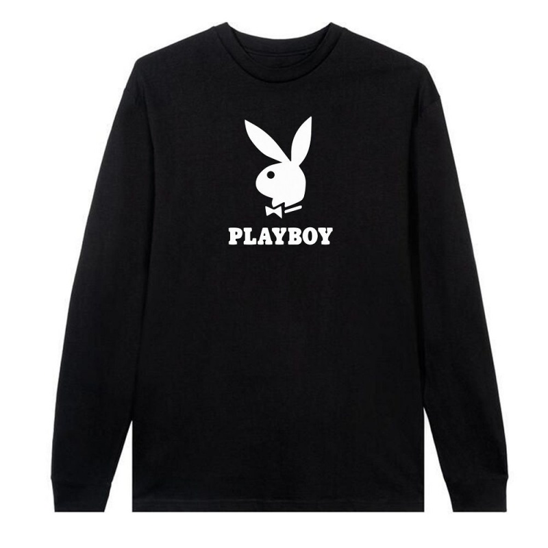 Pánské T-shirt Playboy Logo Long Sleeve Černé | PLBY-593148