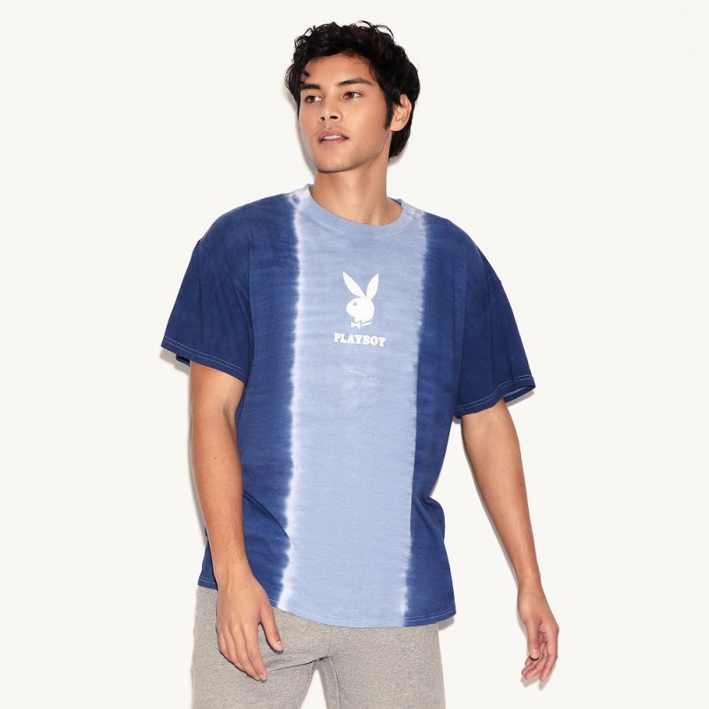 Pánské T-shirt Playboy Logo Vertical Tie-Dye Blankyt | PLBY-593185