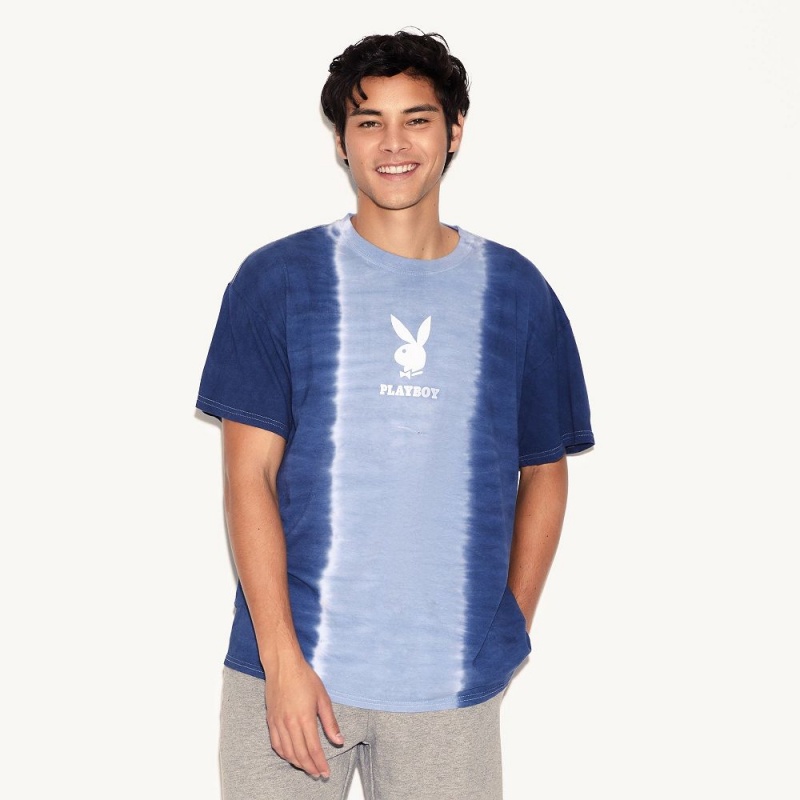 Pánské T-shirt Playboy Logo Vertical Tie-Dye Blankyt | PLBY-593185