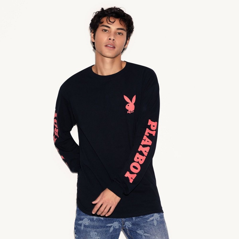 Pánské T-shirt Playboy Masthead & Rabbit Head Long Sleeve Černé | PLBY-593264