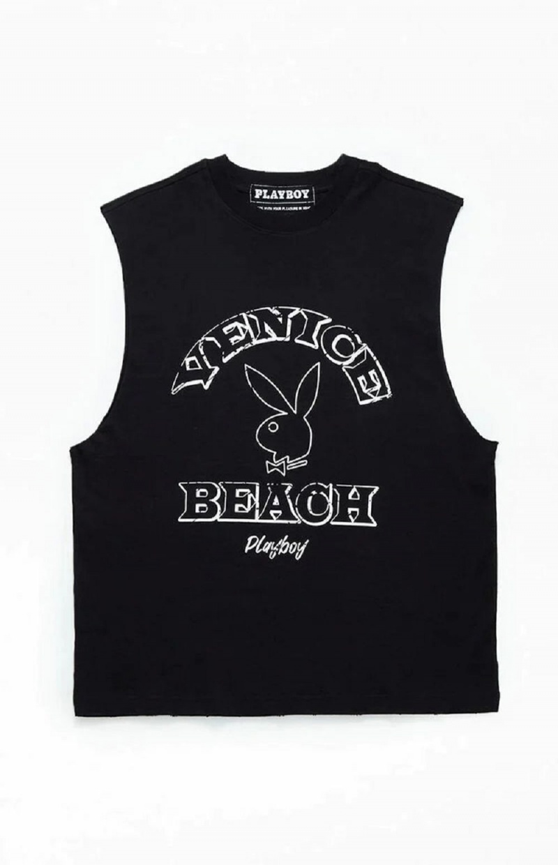 Pánské T-shirt Playboy PB VENICE BEACH MUSCLE Černé | PLBY-593134