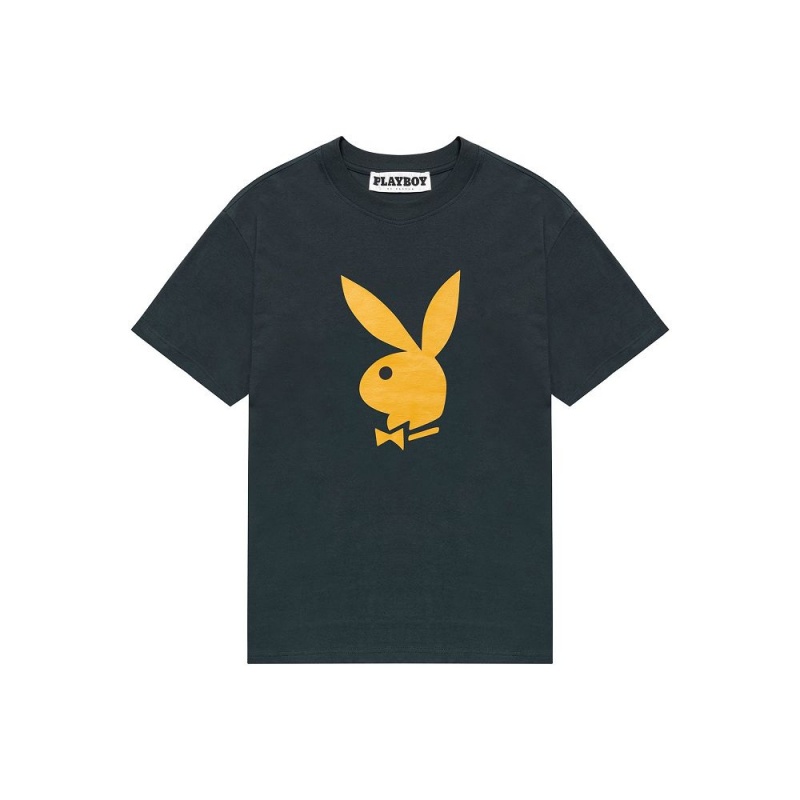 Pánské T-shirt Playboy Rabbit Head Sleeve Černé | PLBY-593227