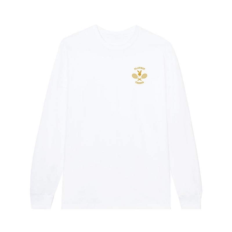 Pánské T-shirt Playboy Racquet Club Long Sleeve Bílé | PLBY-593178