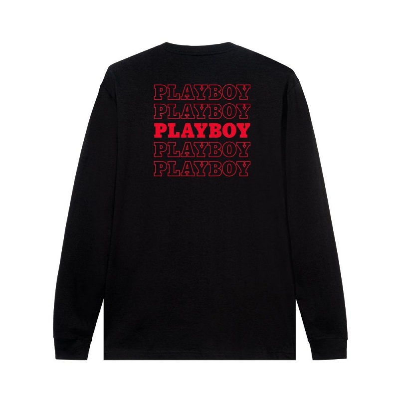 Pánské T-shirt Playboy Repeating Masthead Long Sleeve Černé | PLBY-593149