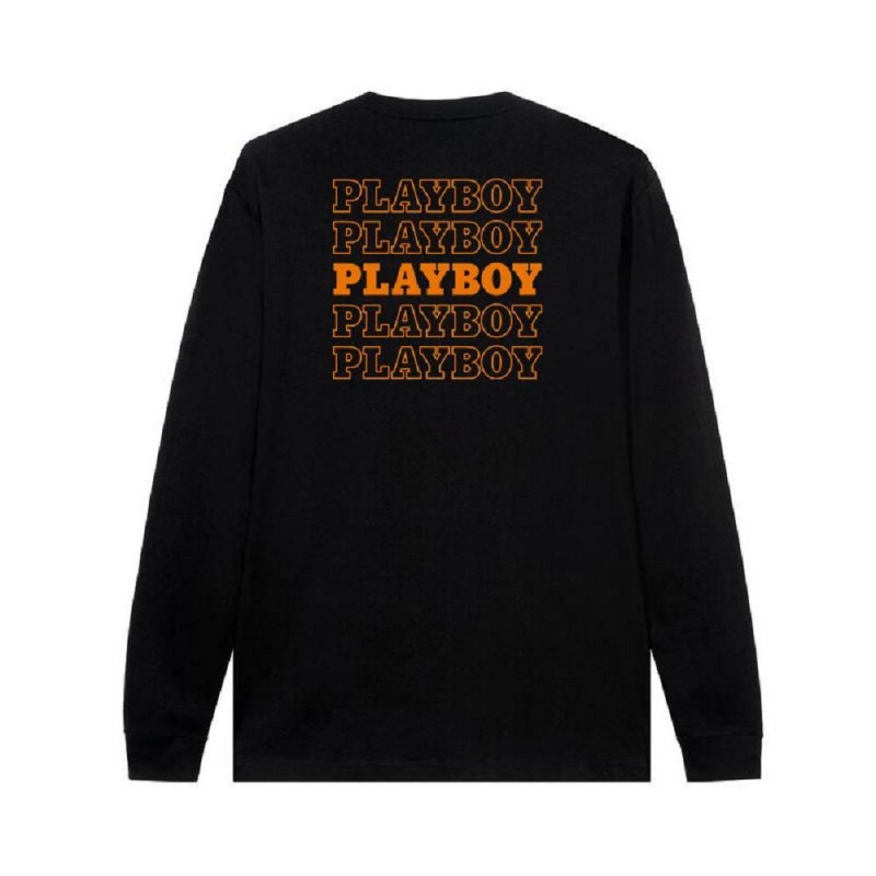 Pánské T-shirt Playboy Repeating Masthead Long Sleeve Černé | PLBY-593149