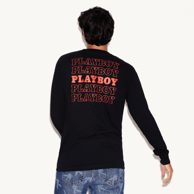 Pánské T-shirt Playboy Repeating Masthead Long Sleeve Černé | PLBY-593149