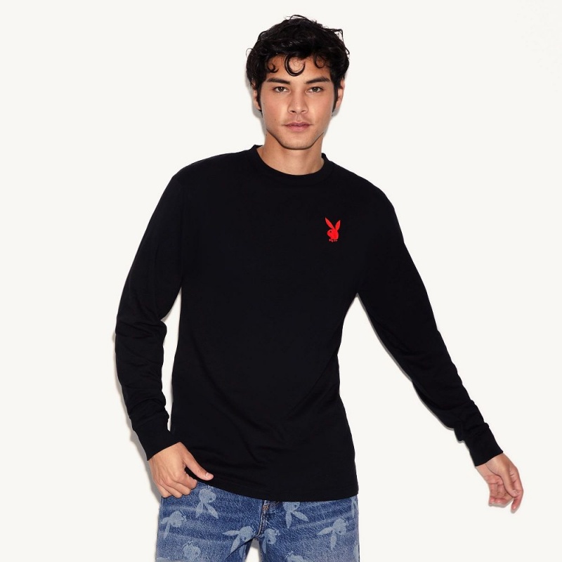 Pánské T-shirt Playboy Repeating Masthead Long Sleeve Černé | PLBY-593149