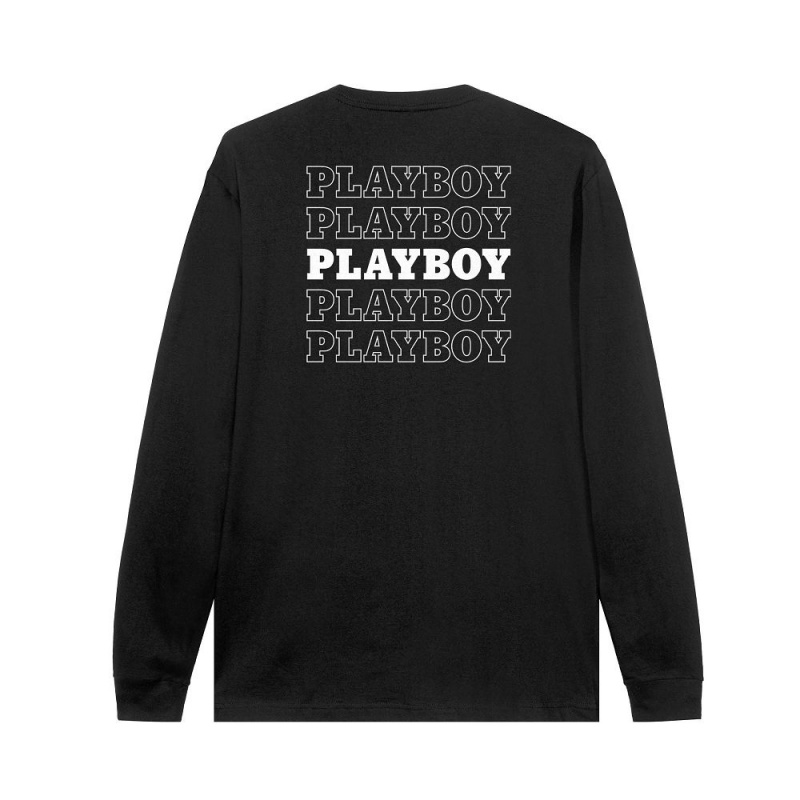 Pánské T-shirt Playboy Repeating Masthead Long Sleeve Černé | PLBY-593149