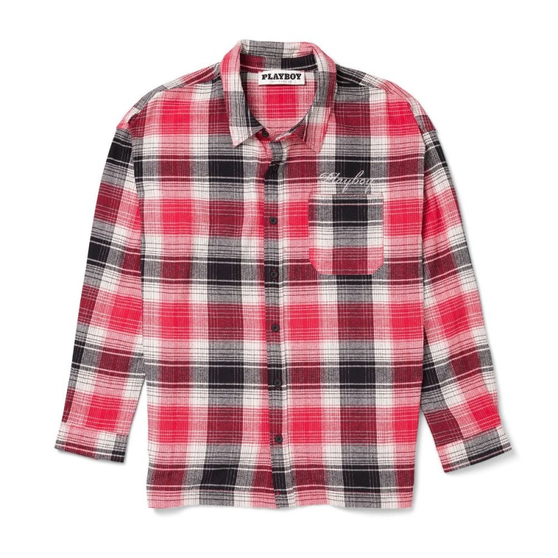 Pánské T-shirt Playboy Script Flannel Červené | PLBY-593204