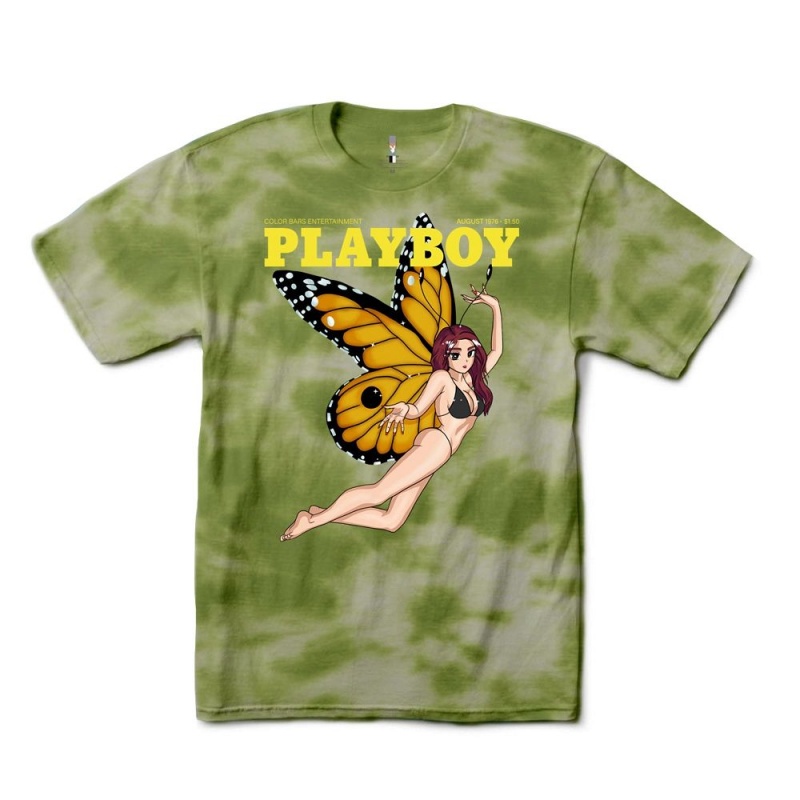 Pánské T-shirt Playboy Tokyo Club Butterfly Tie-Dye Zelene | PLBY-593203