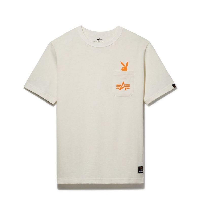 Pánské T-shirt Playboy x Alpha Industries Play Forever Pocket Bílé | PLBY-593217